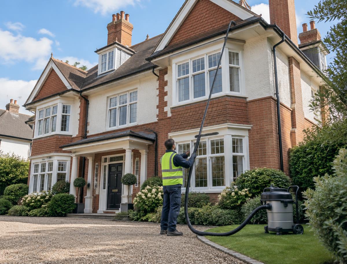 Operative clearing the gutters of a large three-storey home from the ground