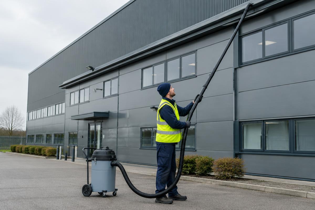 Operative clearing gutters on a commercial warehouse