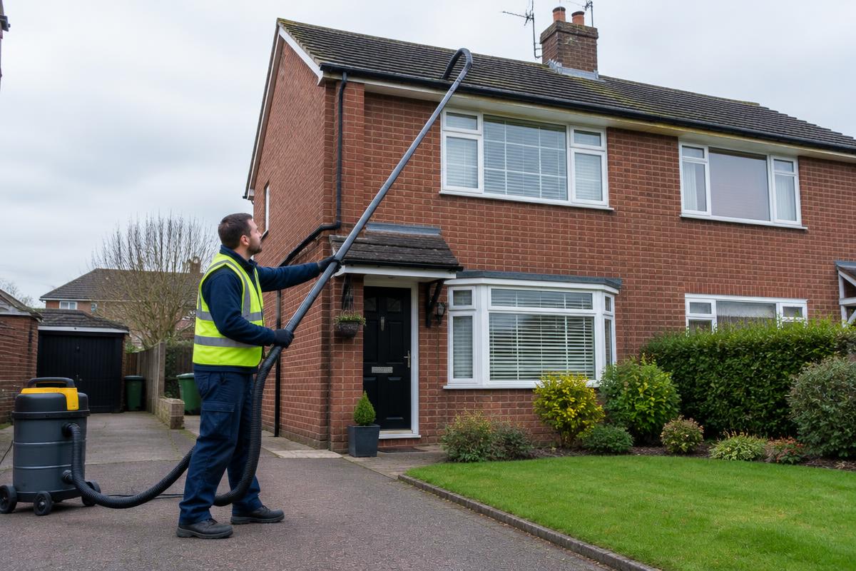 Operative clearing the gutters of a family home with a vacuum pole
