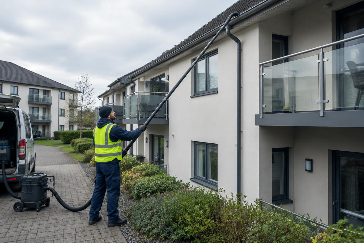 Operative clearing gutters on a managed apartment block